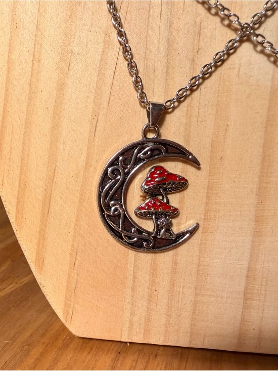 Jewelry - Silver Moon Pendant Necklace with Red Mushroom Accent